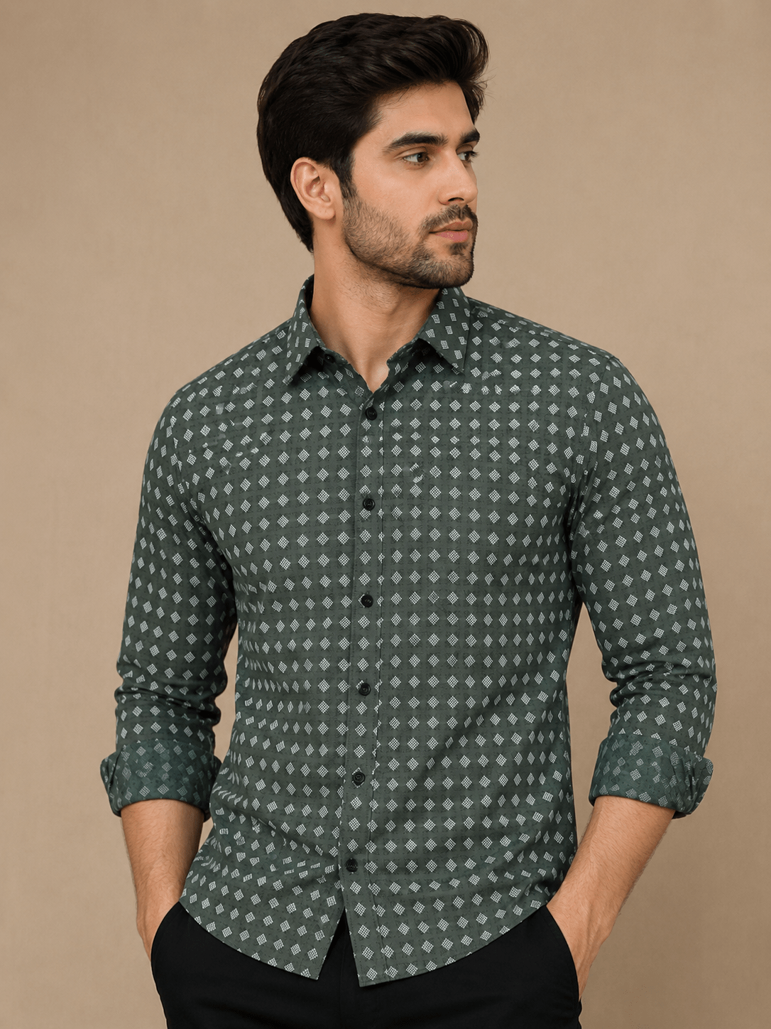 Men's olive green printed shirt