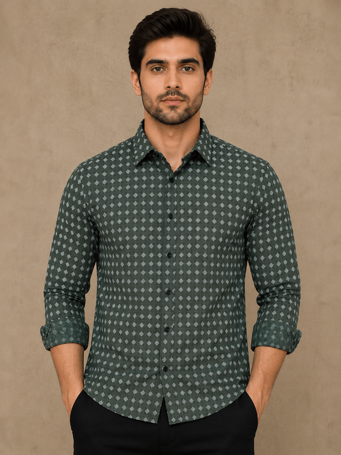 Men's olive green printed shirt